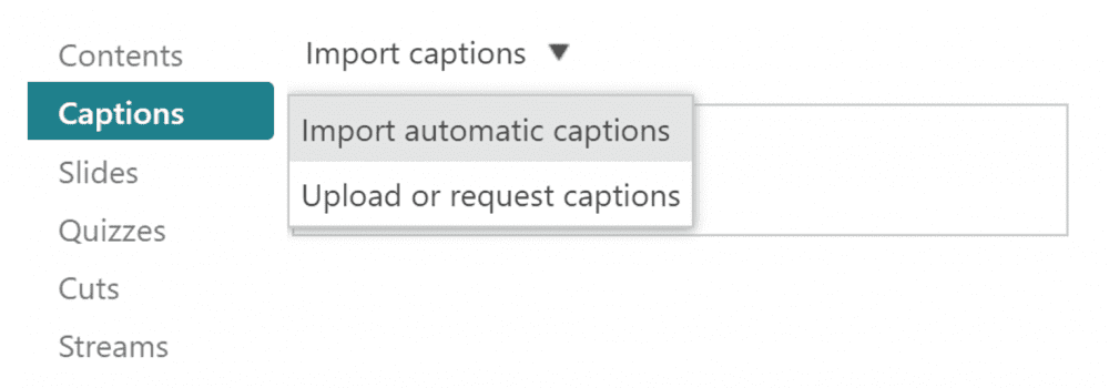 Screenshot of Import Captions dropdown menu