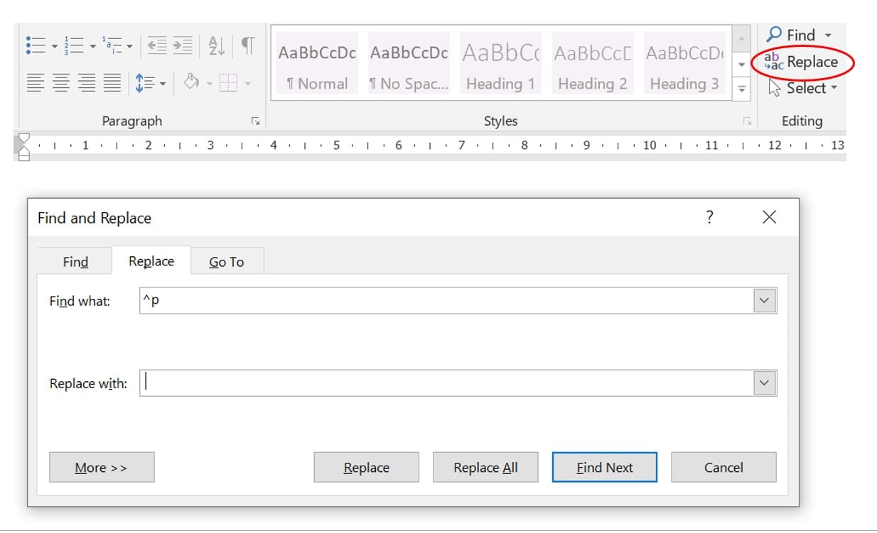 Screenshot of Replace options in Word