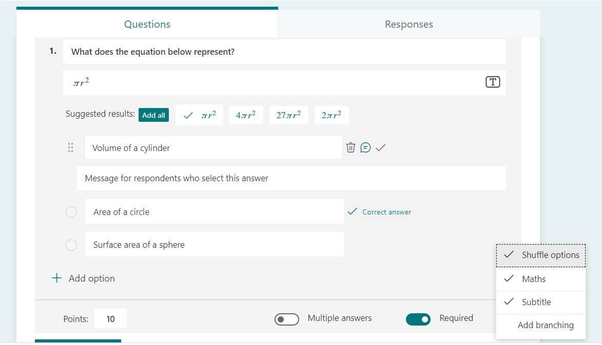 Screenshot of some options available for a Quiz question