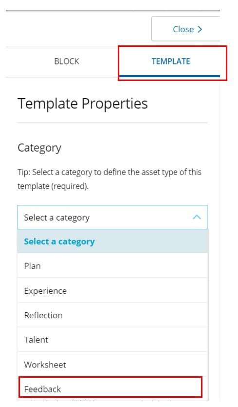 Screenshot of setting a template category to feedback