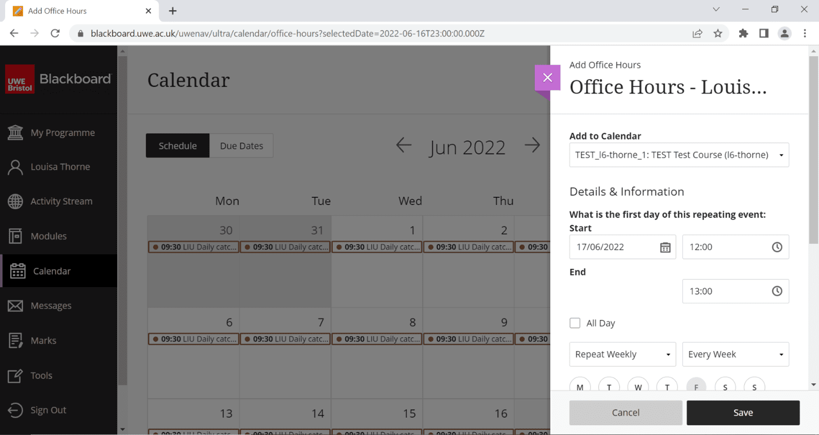 BlackBoard calendar screenshot
