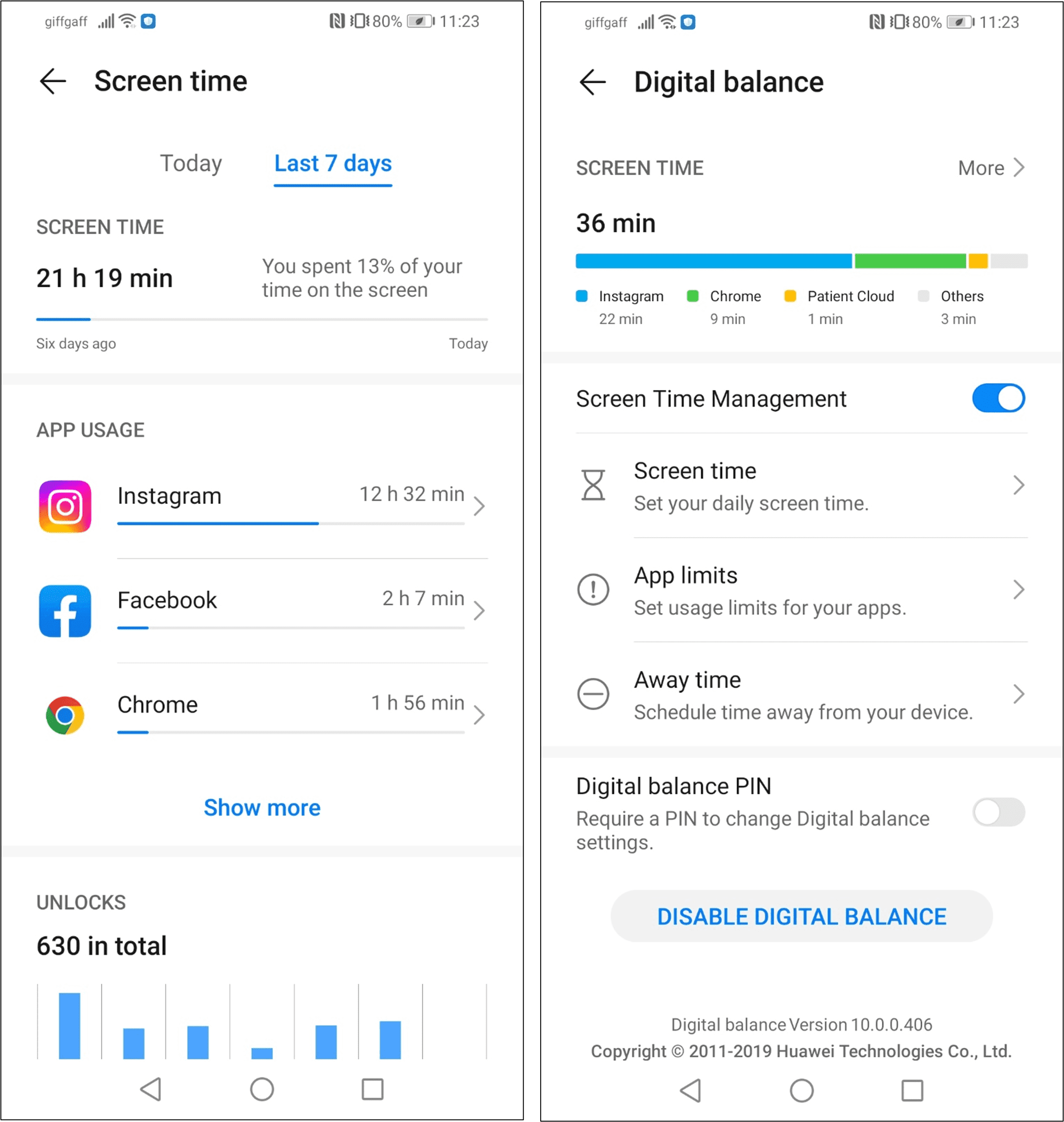 Screenshot of digital balance settings on an android phone