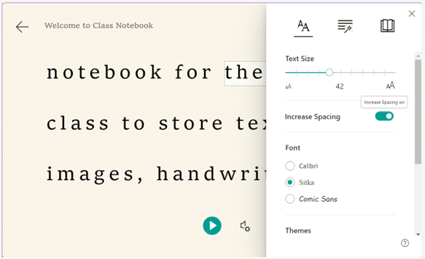 Screenshot showing the text preferences in Immersive Reader on Teams
