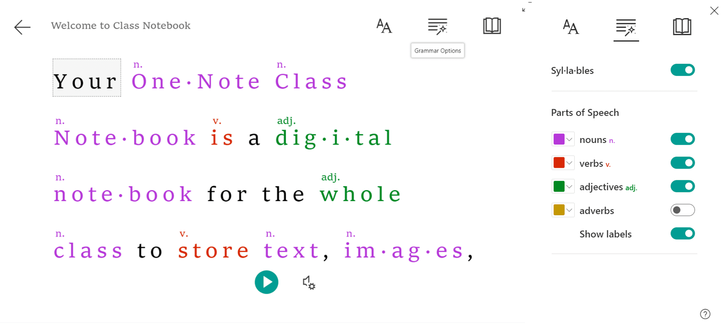 Screenshot showing grammar options in the Immersive reader in Teams