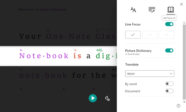 Screenshot of highlighting options using the Immersive Reader in Teams