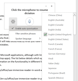 Screenshot of the Dictate tool in Microsoft Word